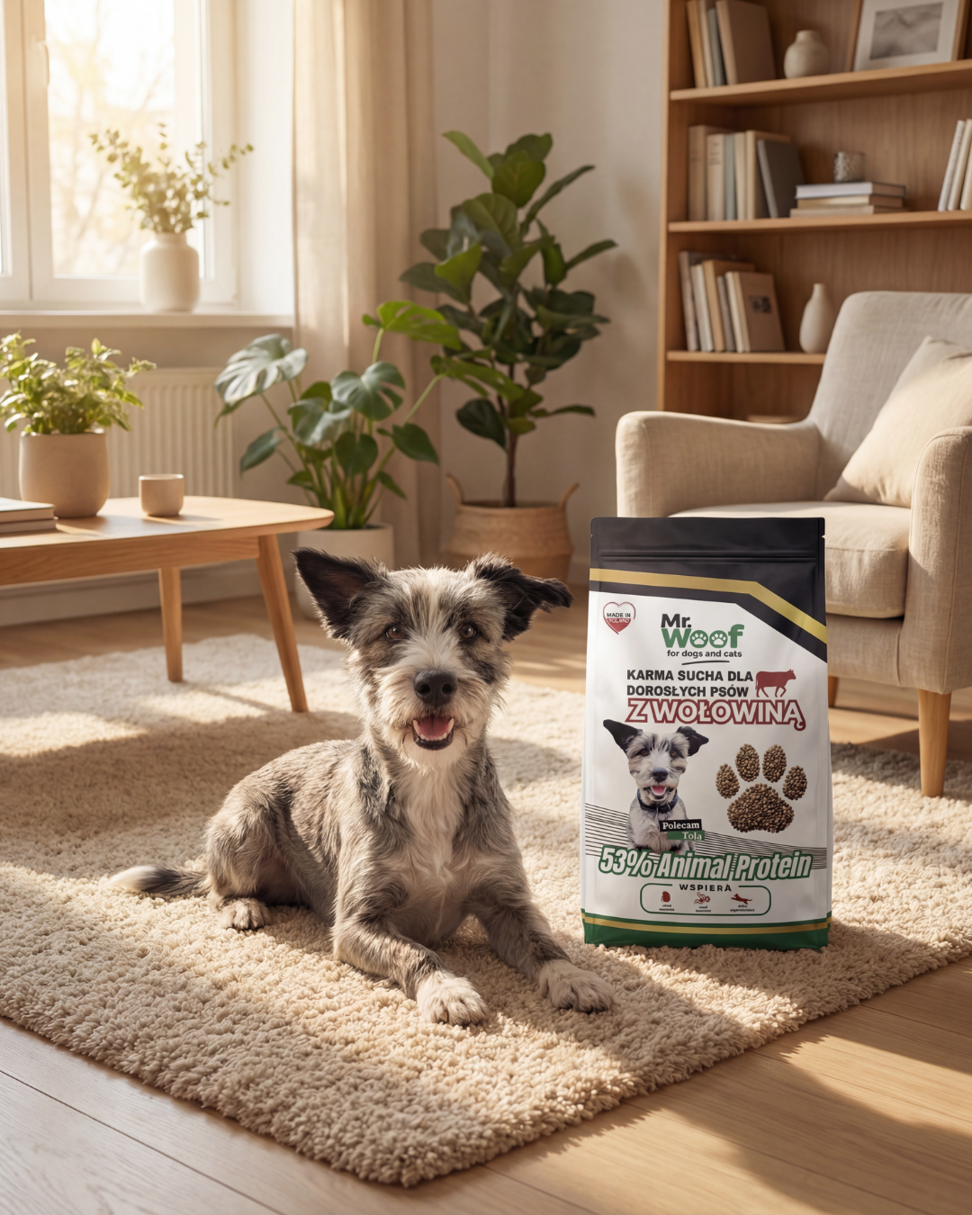 Sucha karma dla dorosłych psów Mr. Woof z kurczakiem – aranżacja produktowa