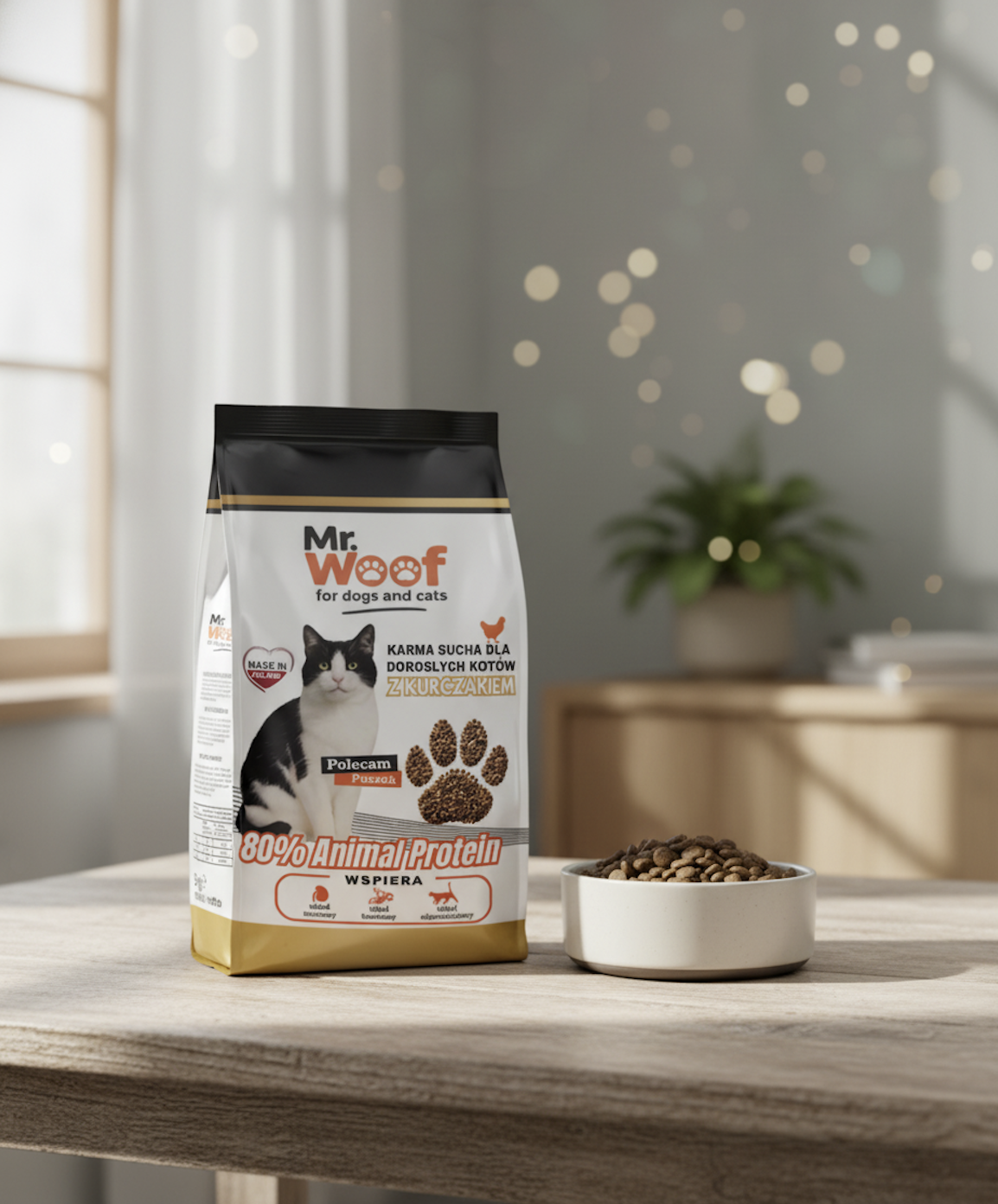 Sucha karma dla dorosłych kotów Mr. Woof z kurczakiem – aranżacja produktowa
