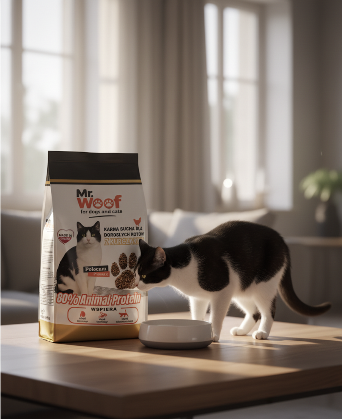 Sucha karma dla dorosłych kotów Mr. Woof z kurczakiem – aranżacja produktowa